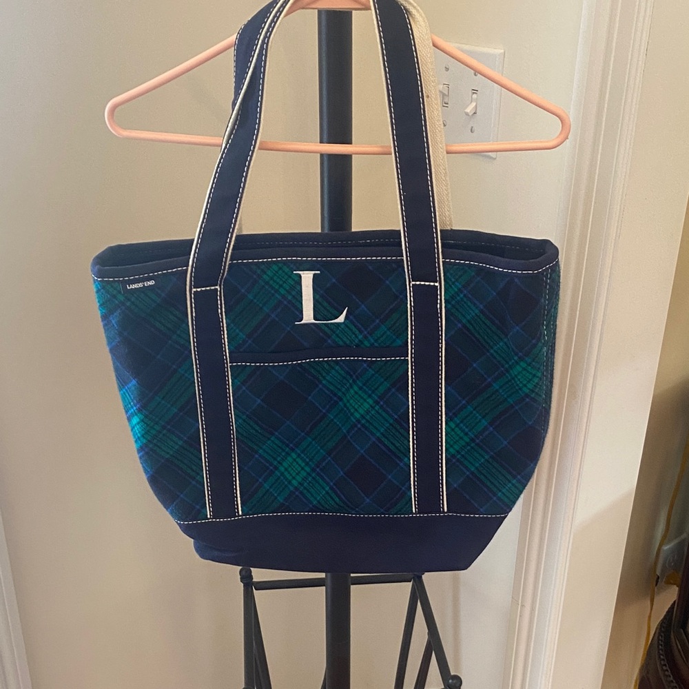 Lands' End Blue and Green Plaid Tote